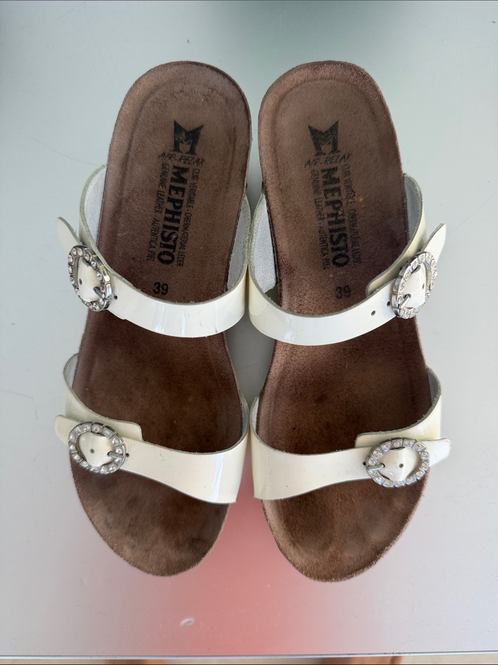 Mephisto White Patent Leather Double-Buckle Sandals with Crystal Buckle Rings